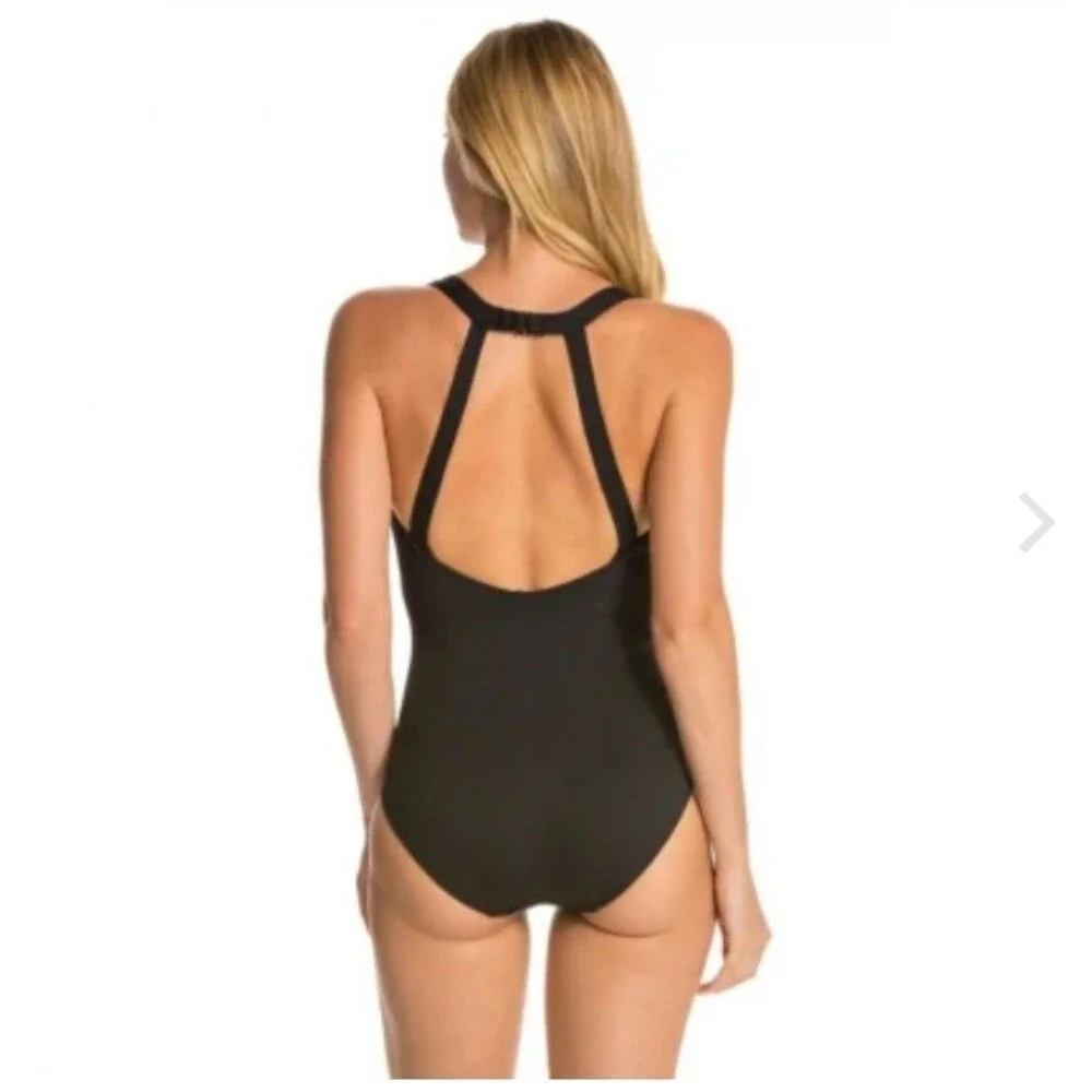 TYR Women's Durafast Solid Black Halter Control Fit One Piece Swimsuit Sz 20 New